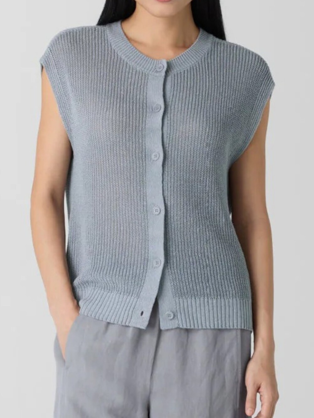 Eileen Fisher Organic Linen Organic Cotton Grey Short Sleeve Button Up Cardigan